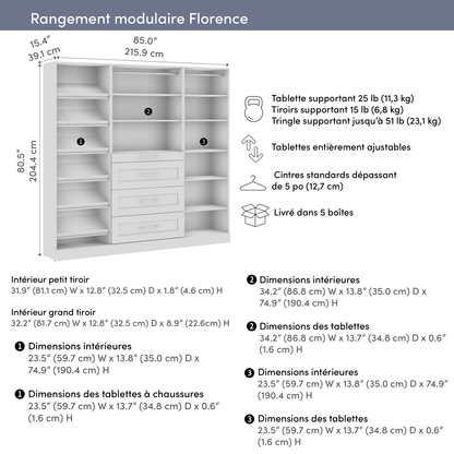 Bestar Florence 85 Système de garde-robe et pièce-penderie modulaire avec tiroirs et tablettes pour chaussures de style Shaker - blanc