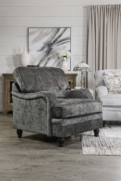 Fauteuil Bellmont de 38 po fabriqué au Canada en tissu de chenille avec pattes en bois - gris anthracite