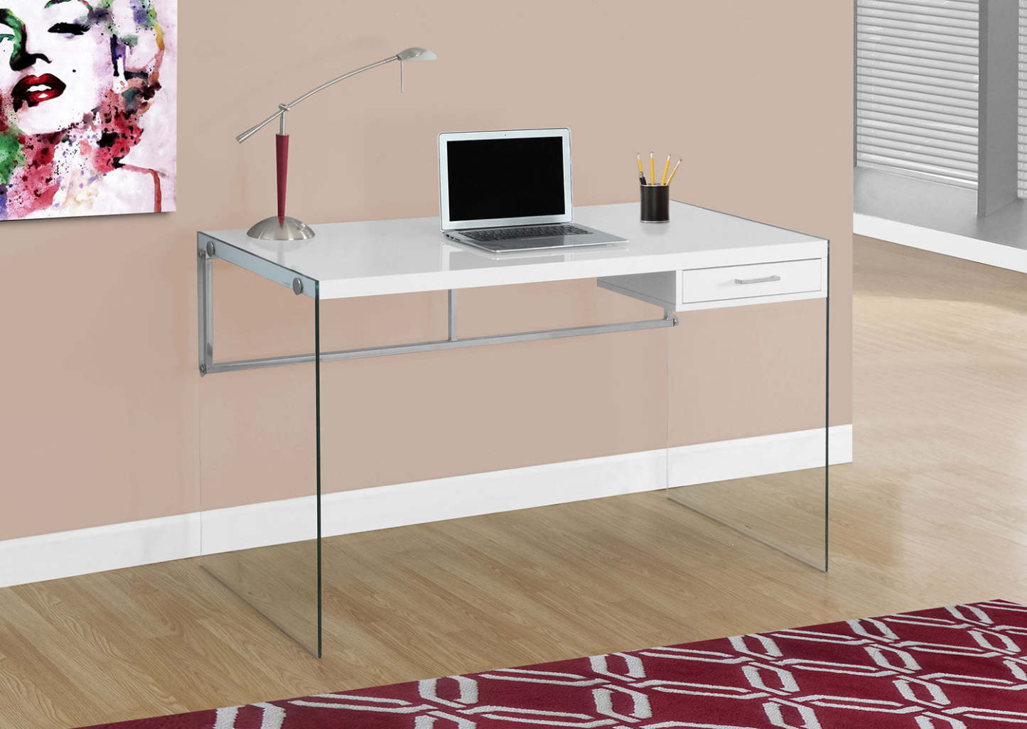 Kylie 48 Computer Office Desk with Drawer - White with Glass Legs|Bureau d'ordinateur Kylie de 48 po avec tiroir - blanc avec pattes en verre