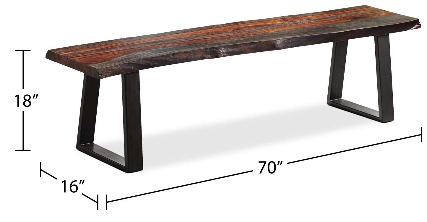 Banc de salle à manger Bowery, bois de Sheesham, métal, base trapézoïdale, 70 W - Marron | Banc de salle à manger Bowery de 70 po (L) en sheesham et métal avec base trapézoïde - brun