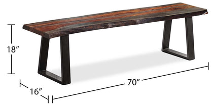 Banc de salle à manger Bowery, bois de Sheesham, métal, base trapézoïdale, 70 W - Marron | Banc de salle à manger Bowery de 70 po (L) en sheesham et métal avec base trapézoïde - brun