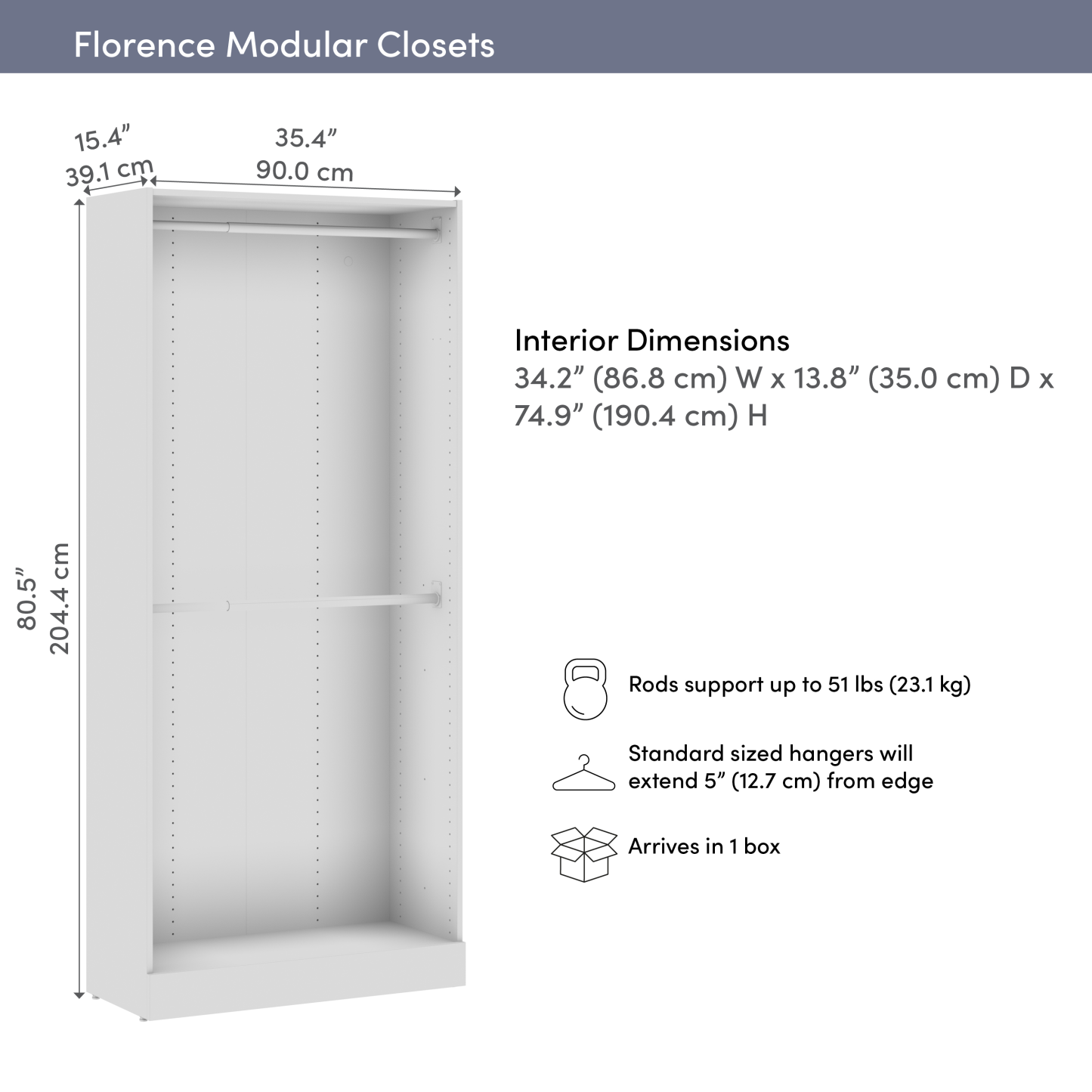 Bestar Florence 35 Modular Double Hanging Closet System - White|Système de garde-robe modulaire à 2 espaces pour suspension Florence de Bestar de 35 po - blanc