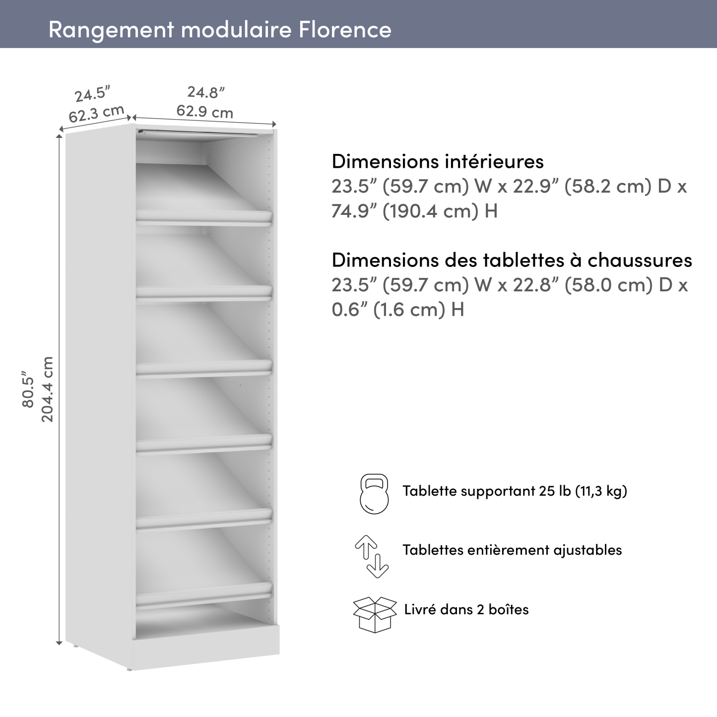 Système de garde-robe modulaire Florence de Bestar de 25 po avec tablette pour chaussures et éclairage à DEL - blanc