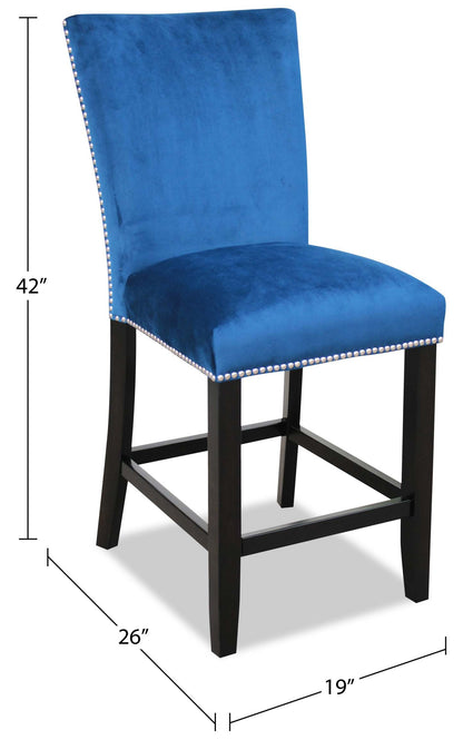 Chaise de salle à manger à hauteur de comptoir Cami avec tissu en velours - Bleu | Chaise de salle à manger Cami de hauteur comptoir en tissu de velours - bleue