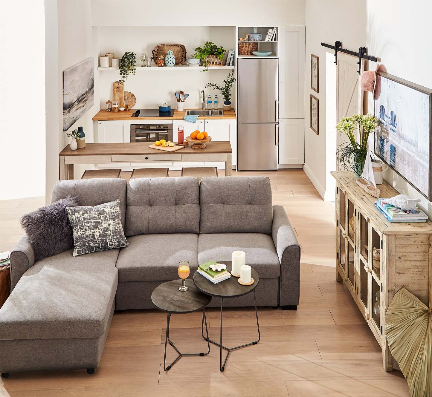 Carter 2-Piece Left-Facing Linen-Look Fabric Sleeper Sectional with Storage Chaise - Solis Grey | Canapé-lit sectionnel gauche Carter 2 pièces en tissu d’apparence lin avec chaise longue de rangement - gris Solis