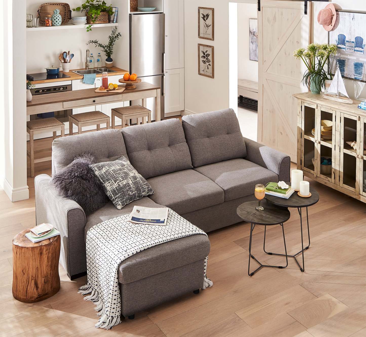 Carter 2-Piece Left-Facing Linen-Look Fabric Sleeper Sectional with Storage Chaise - Solis Grey | Canapé-lit sectionnel gauche Carter 2 pièces en tissu d’apparence lin avec chaise longue de rangement - gris Solis