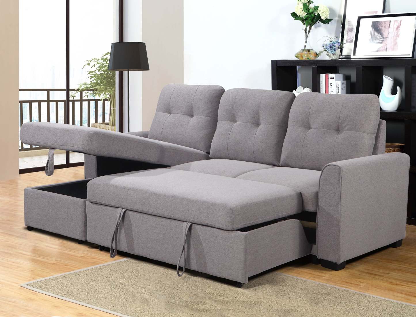 Carter 2-Piece Left-Facing Linen-Look Fabric Sleeper Sectional with Storage Chaise - Solis Grey | Canapé-lit sectionnel gauche Carter 2 pièces en tissu d’apparence lin avec chaise longue de rangement - gris Solis
