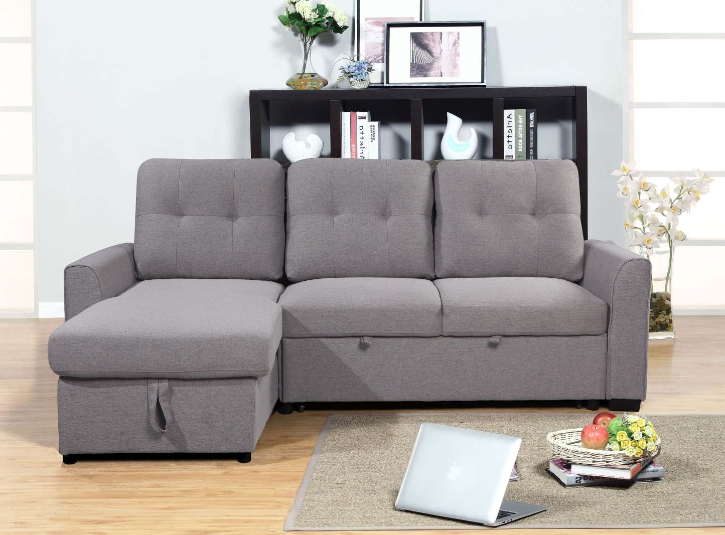 Carter 2-Piece Left-Facing Linen-Look Fabric Sleeper Sectional with Storage Chaise - Solis Grey | Canapé-lit sectionnel gauche Carter 2 pièces en tissu d’apparence lin avec chaise longue de rangement - gris Solis