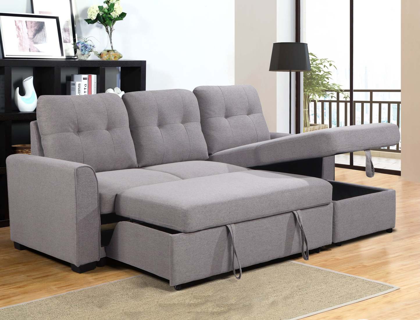 Carter 2 pièces sectionnel droit en tissu d’apparence lin avec fauteuil long de rangement - gris Solis
