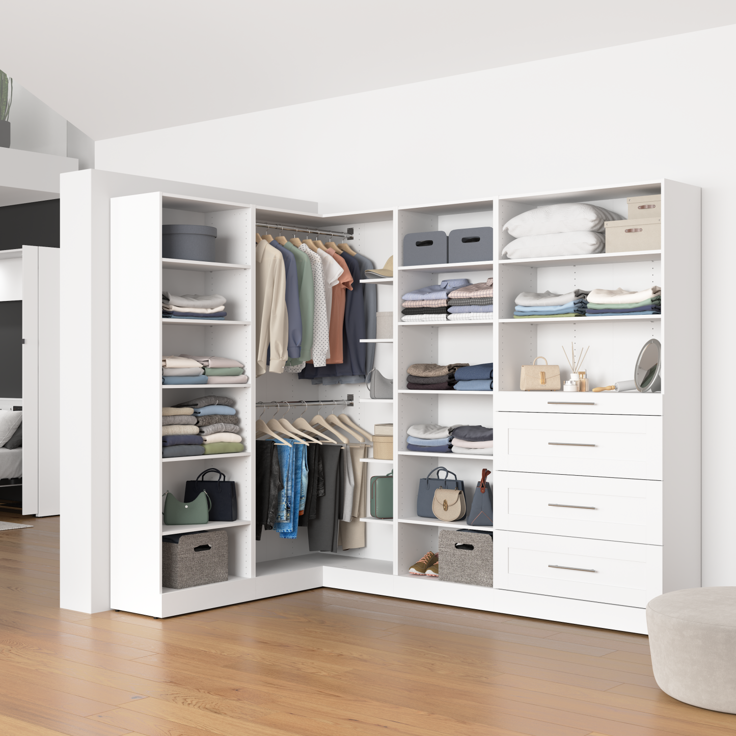 Système de pièce-penderie en forme de L modulaire Florence de Bestar de 95 po avec tringles, tablettes et tiroirs de style Shaker - blanc