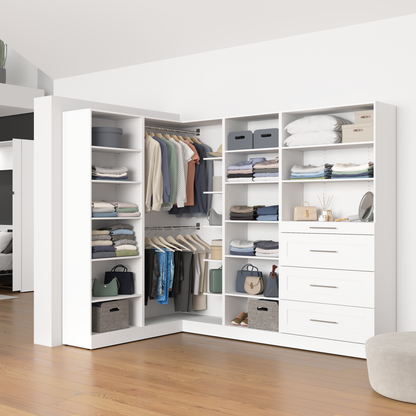 Système de pièce-penderie en forme de L modulaire Florence de Bestar de 95 po avec tringles, tablettes et tiroirs de style Shaker - blanc
