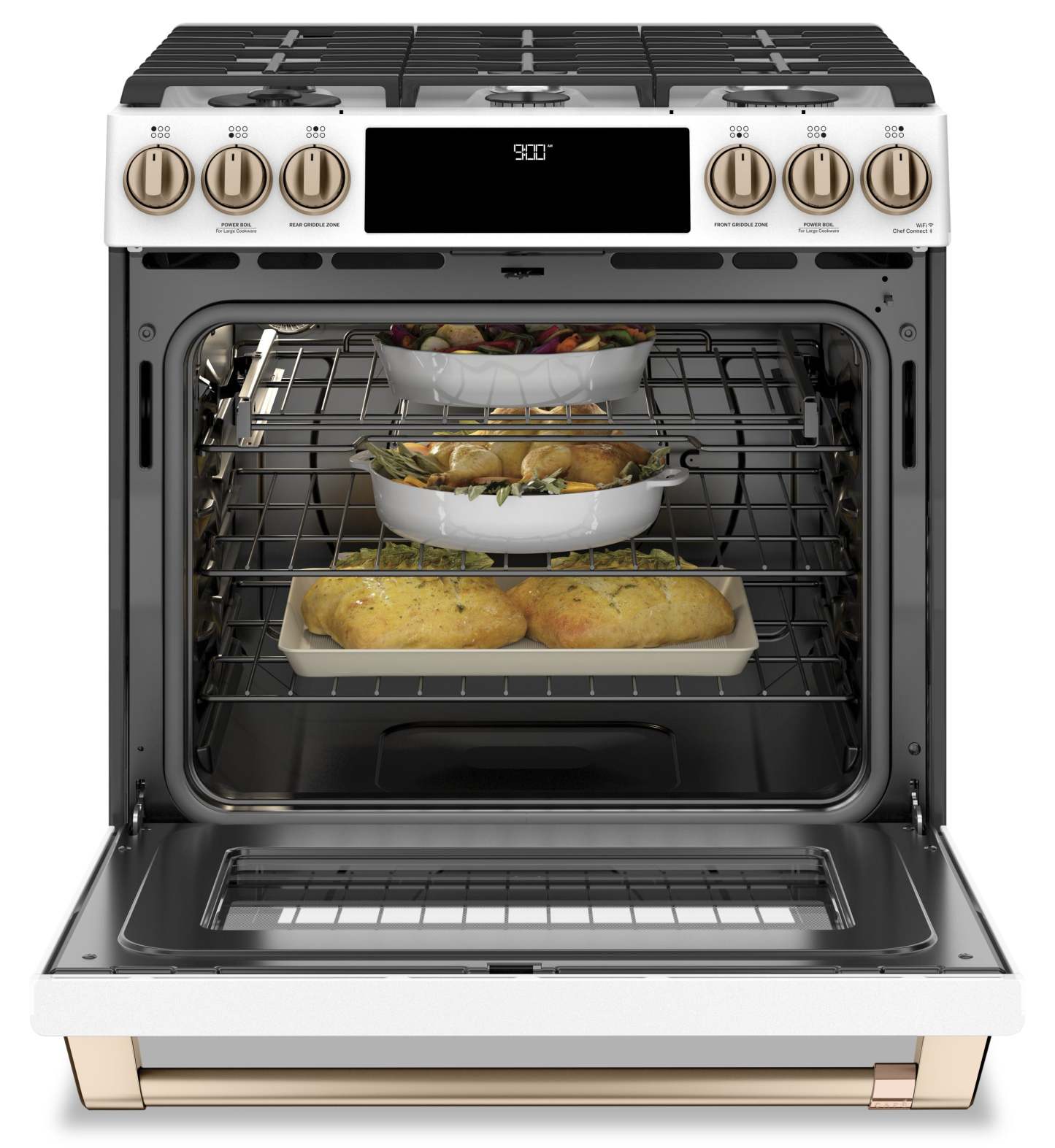 Cuisinière intelligente hybride Café de 5,7 pi³ avec convection européenne véritable et grilles auto…