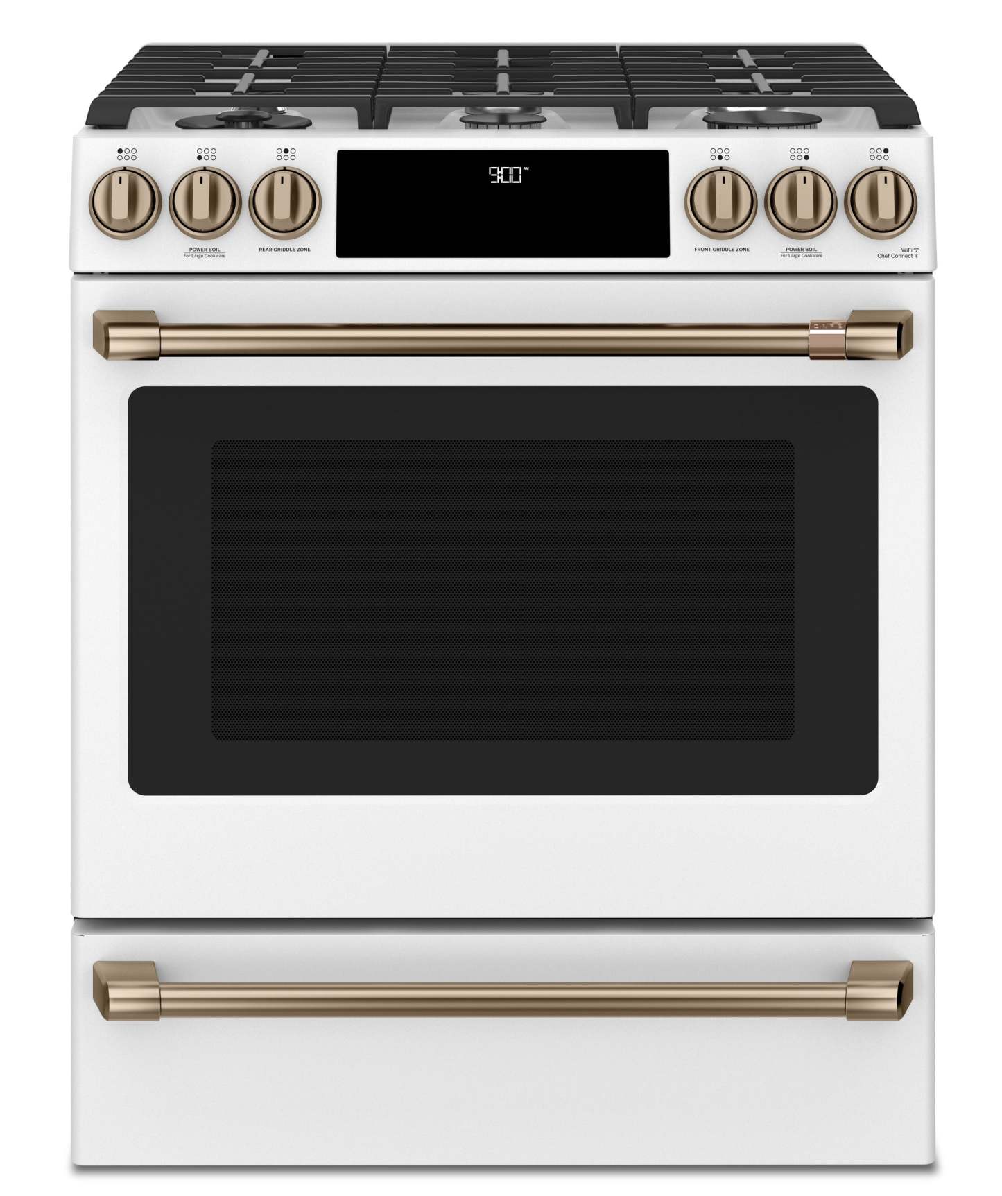 Cuisinière intelligente hybride Café de 5,7 pi³ avec convection européenne véritable et grilles auto…