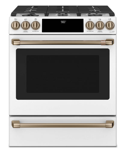Cuisinière intelligente hybride Café de 5,7 pi³ avec convection européenne véritable et grilles auto…