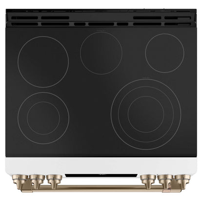 Cuisinière intelligente électrique Café de 5,7 pi³ avec convection européenne véritable et grilles auto-nettoyantes - Mat blanc… | Cafe 5.7 Cu. Ft. Smart Electric Range with True European Convection and Self Clean Racks - Matte Whi…