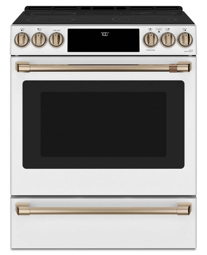 Cuisinière intelligente électrique Café de 5,7 pi³ avec convection européenne véritable et grilles auto-nettoyantes - Mat blanc… | Cafe 5.7 Cu. Ft. Smart Electric Range with True European Convection and Self Clean Racks - Matte Whi…