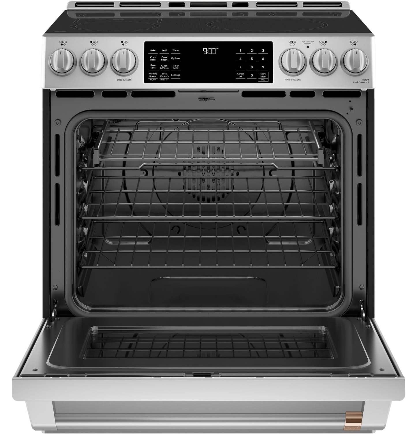 Cuisinière intelligente à induction Café de 5,7 pi³ avec convection européenne véritable et grilles autonettoyantes - Acier inoxydable…