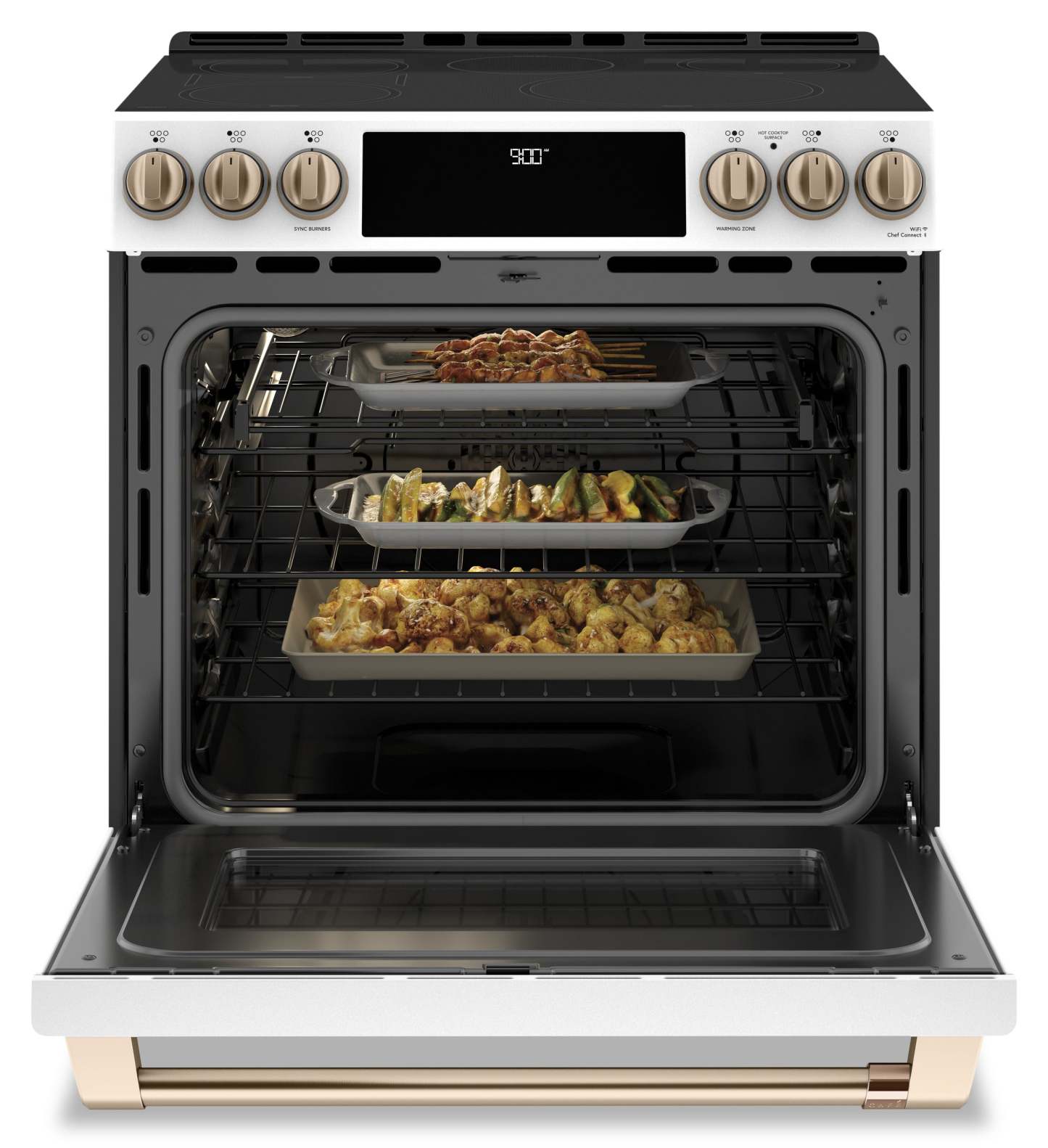 Cuisinière intelligente à induction Café de 5,7 pi³ avec convection européenne véritable et grilles autonettoyantes - Mat noir…