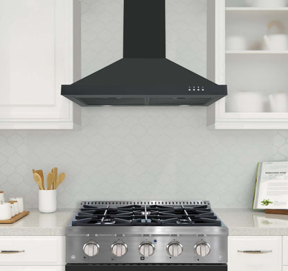 Hotte de cuisinière murale convertible Ancona 30 en acier inoxydable noir - AN-17-16BSS | Hotte de cuisinière murale convertible Ancona de 30 po de style pyramidal en acier inoxydable noir - AN-17-16BSS | D77GS72T
