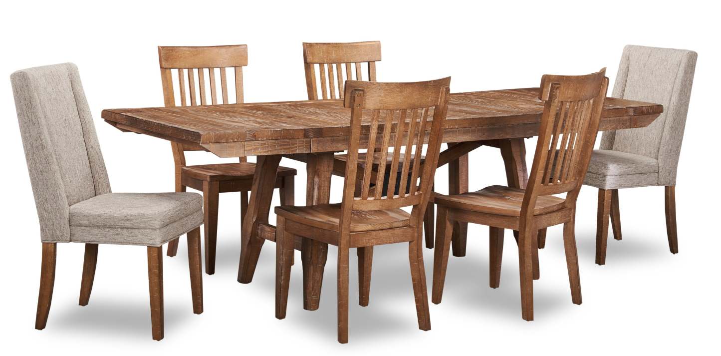 Cedar 7pc Dining Set with Table & 6 Chairs, Pine Wood, Trestle-Base, 72.07W - Brown | Ensemble de salle à manger Cedar 7 pièces en pin avec table de 72,07 po (L), base à tréteaux et 6 chaises - brun