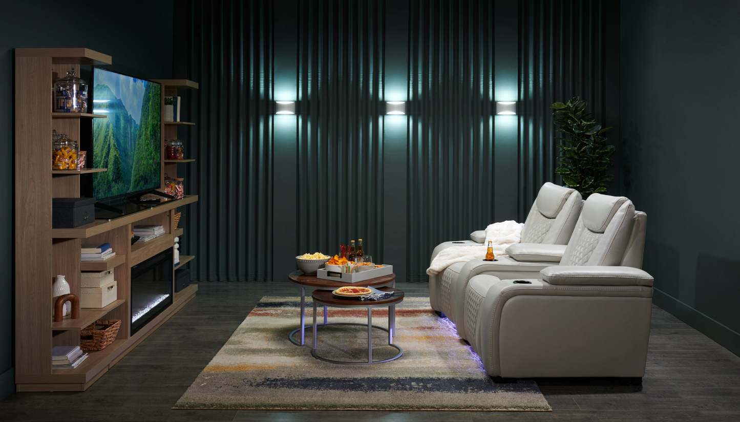 Cinema 79.6 Tissu d'apparence cuir Sièges de cinéma maison inclinables électriquement avec deux sièges - Gris brume cosmique