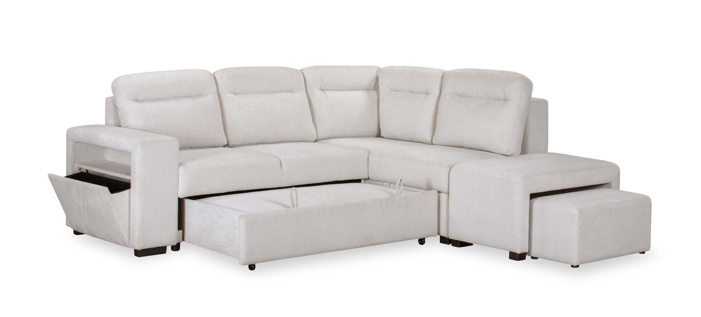 Canapé-lit sectionnel Coast 3 pièces orienté vers la droite avec rangement et repose-pieds - Blanc ivoire | Canapé-lit sectionnel de droite Coast 3 pièces en tissu avec rangement et pouf - blanc ivoire