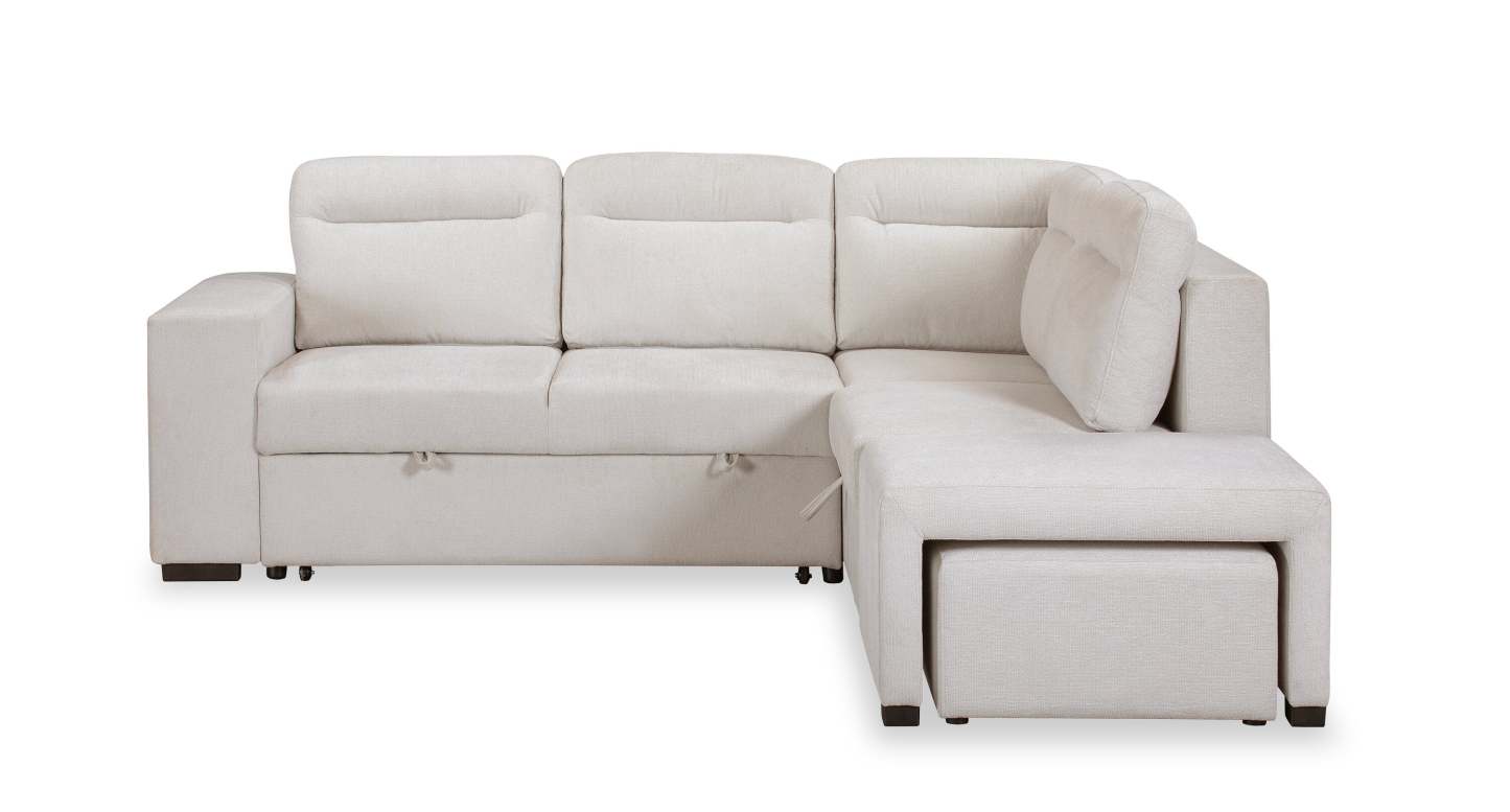 Canapé-lit sectionnel Coast 3 pièces orienté vers la droite avec rangement et repose-pieds - Blanc ivoire | Canapé-lit sectionnel de droite Coast 3 pièces en tissu avec rangement et pouf - blanc ivoire