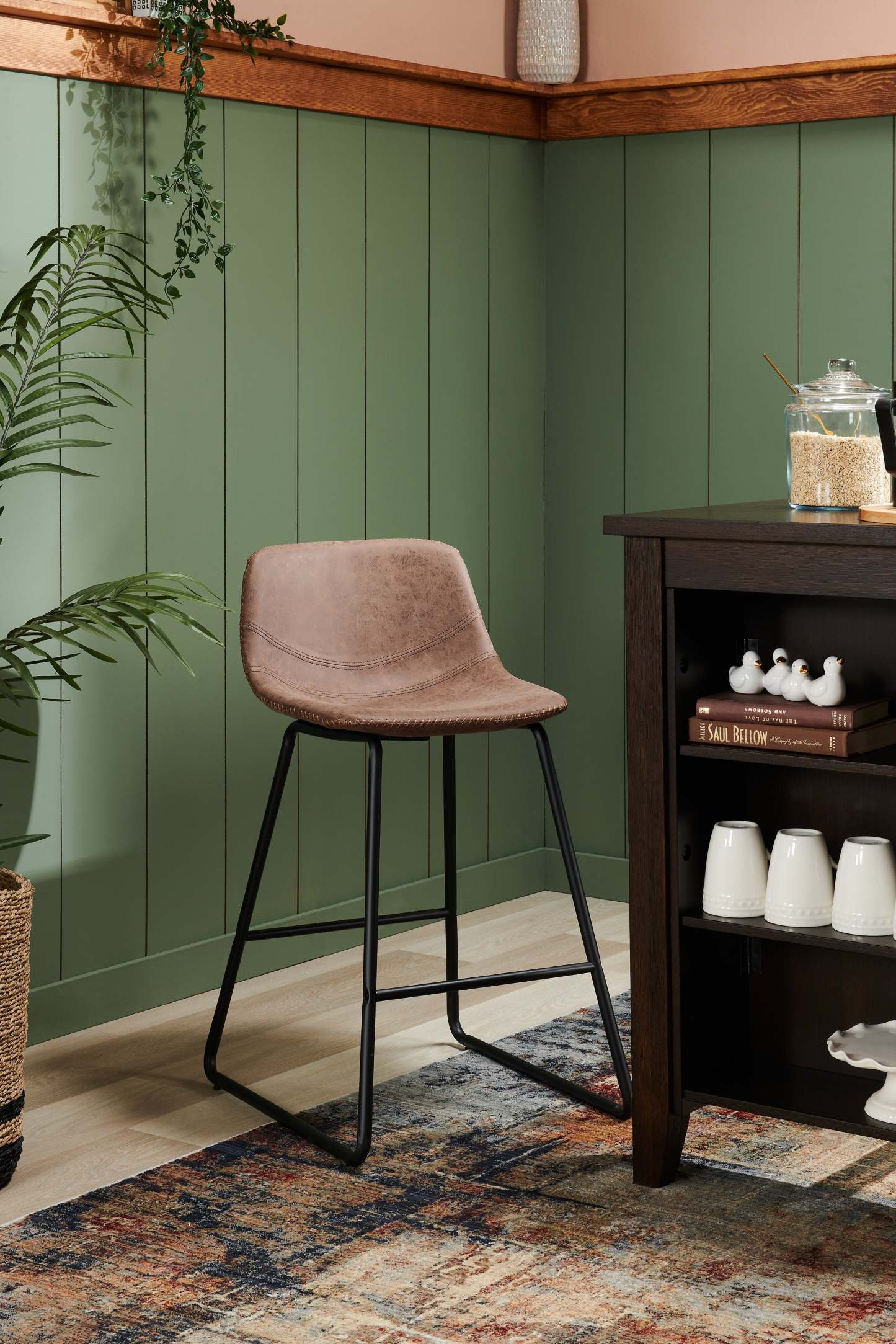 Tabouret Coty de hauteur comptoir en tissu de cuir végétalien et en métal - brun