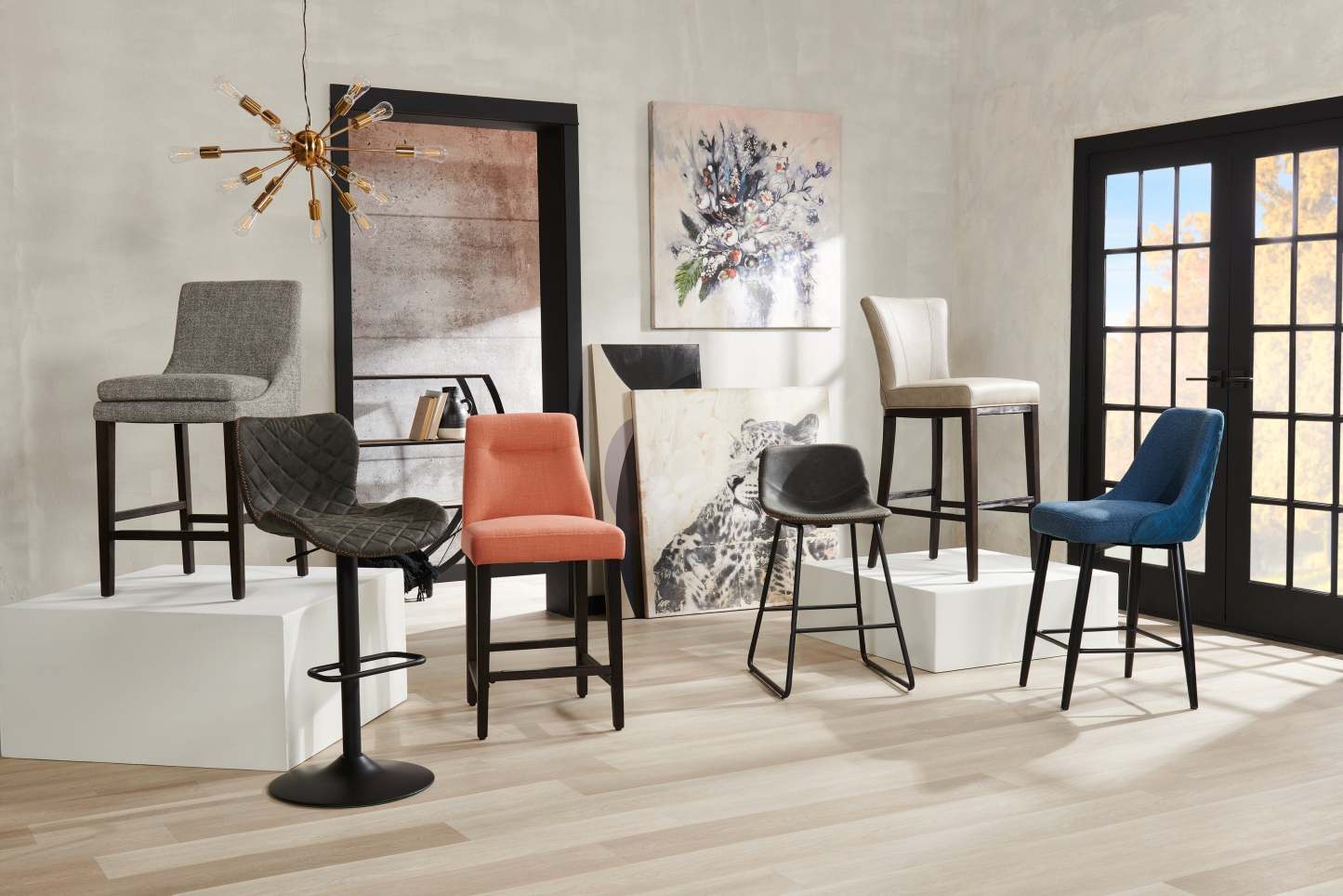 Tabouret de bar Seth avec siège pivotant et réglable, tissu en cuir végétalien, métal - Gris | Tabouret de bar Seth en tissu de cuir végétalien et en métal avec siège pivotant et réglable - gris