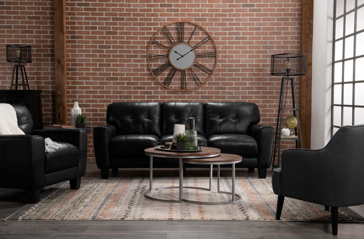 Sofa Curt de 85 po en cuir véritable avec capitonnage à boutons - noir