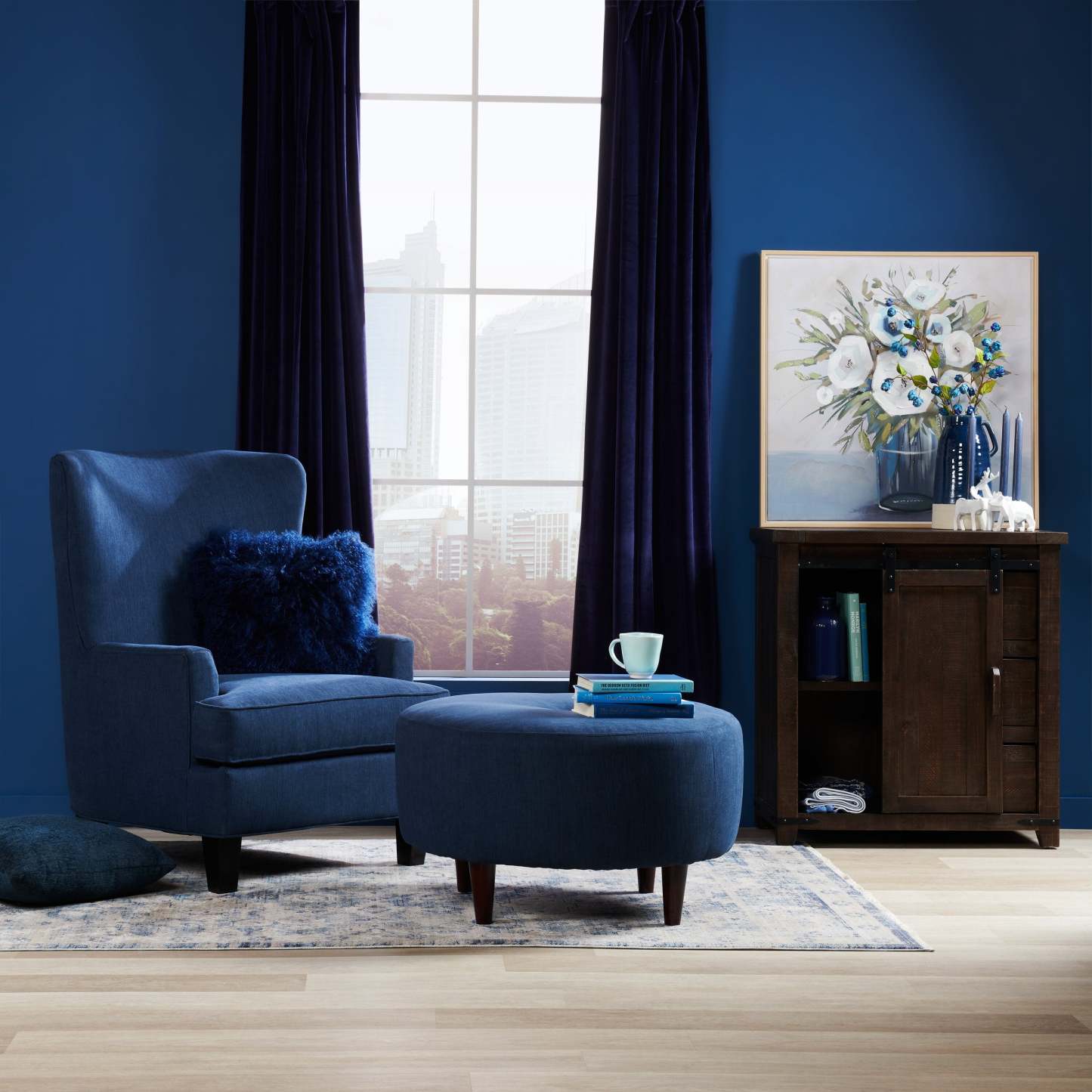 Fauteuil d'appoint à oreilles personnalisable Sofa Lab de 32 po fabriqué au Canada en tissu d'apparence lin - bleu Pax Navy | AILE3149