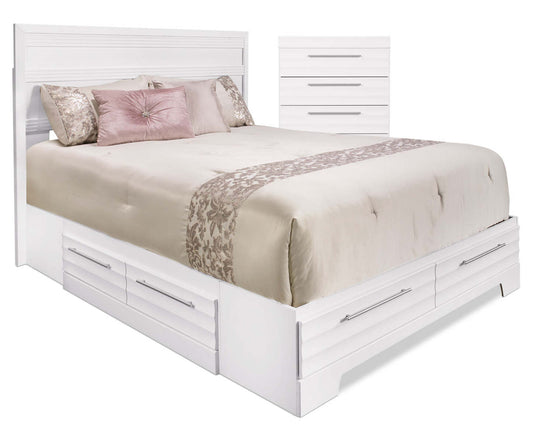 Ensemble lit et coffre à rangement complet Olivia 4 pièces – Blanc|Ensemble de chambre à coucher Olivia 4 pièces avec lit double de rangement et commode verticale - blanc