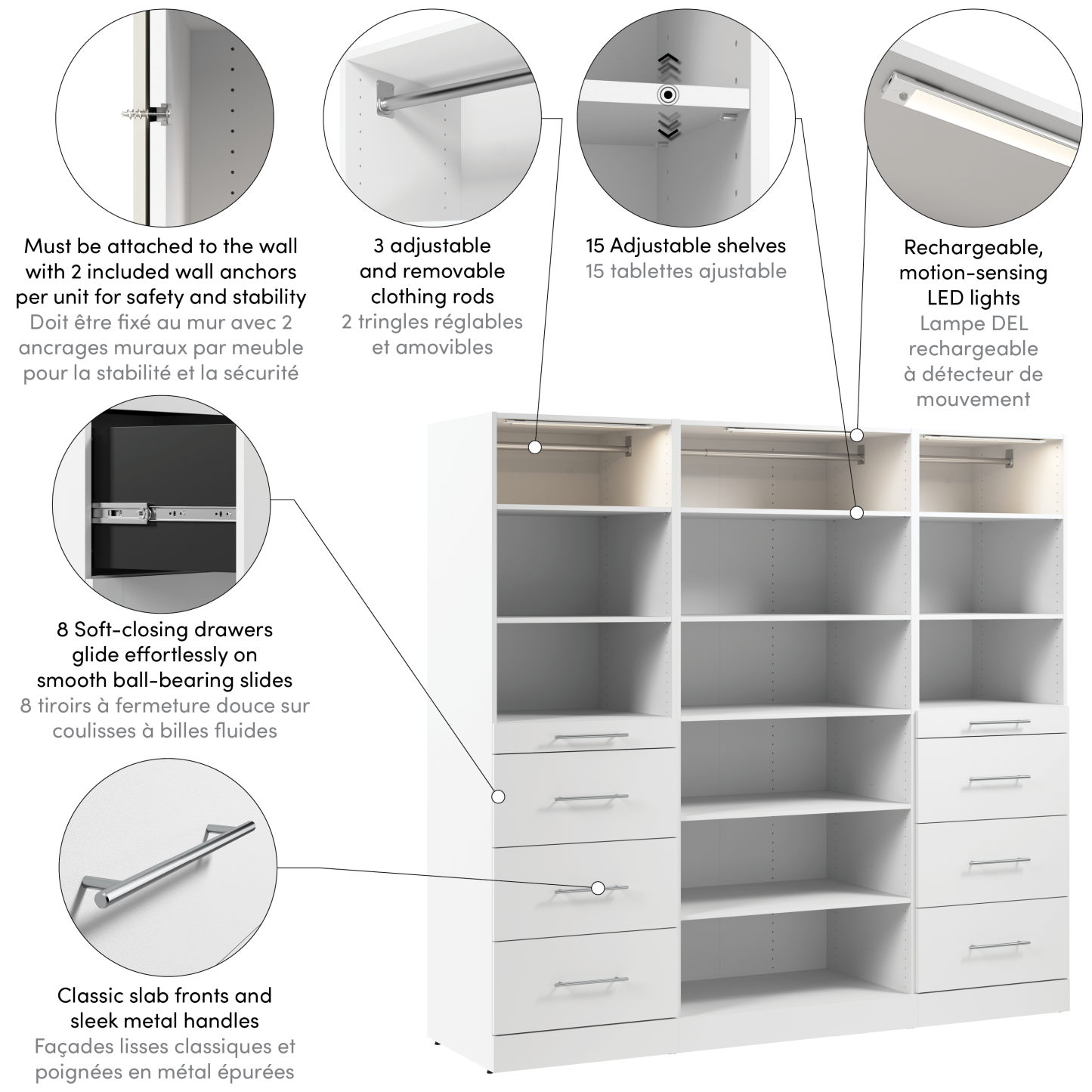 Système de garde-robe et pièce-penderie modulaire Florence de Bestar de 85 po avec éclairage à DEL et rangement - blanc