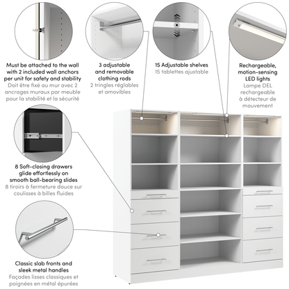 Système de garde-robe et pièce-penderie modulaire Florence de Bestar de 85 po avec éclairage à DEL et rangement - blanc