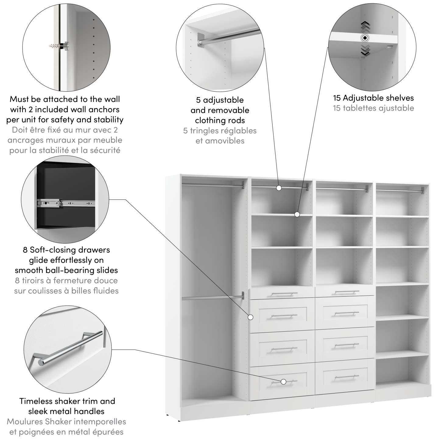 Bestar Florence 100 Système de garde-robe et pièce-penderie modulaire avec tringles, tablettes et tiroirs de style Shaker - blanc