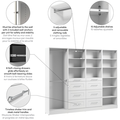 Bestar Florence 100 Système de garde-robe et pièce-penderie modulaire avec tringles, tablettes et tiroirs de style Shaker - blanc