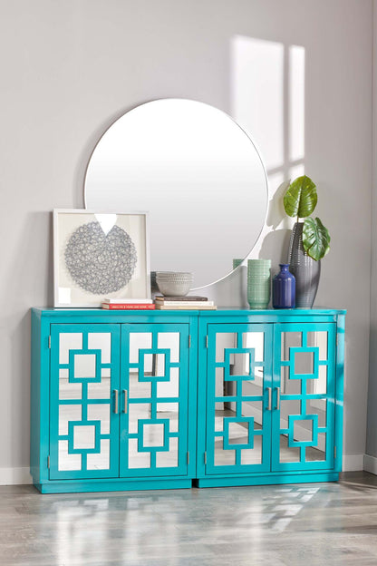 Darci 31.5 Armoire d'appoint avec portes miroir - Bleu|Armoire décorative Darci de 31,5 po avec portes en miroir - bleue