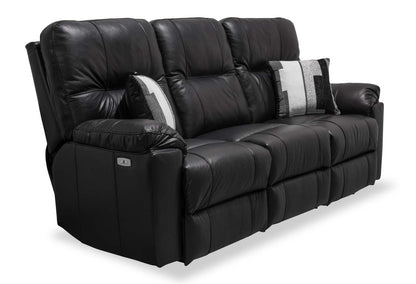 Sofa à inclinaison électrique Dawson de 87 po fabriqué au Canada en cuir véritable avec port USB et oussins décoratifs - noir