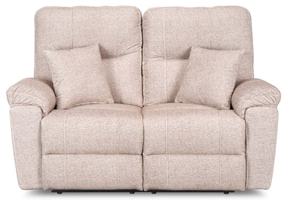 Causeuse à inclinaison électrique Dawson de 64 po fabriquée au Canada en tissu avec port USB et coussins décoratifs - beige