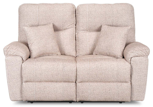 Causeuse à inclinaison électrique Dawson de 64 po fabriquée au Canada en tissu avec port USB et coussins décoratifs - beige