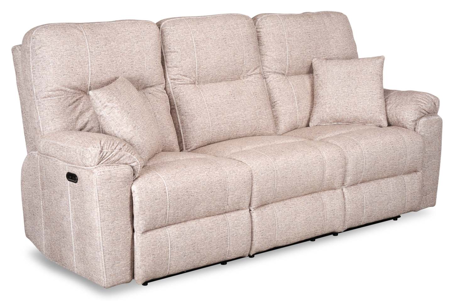 Sofa à inclinaison électrique Dawson de 87 po fabriqué au Canada en tissu avec port USB et coussins décoratifs - beige