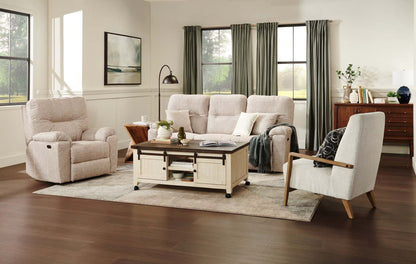 Sofa à inclinaison électrique Dawson de 87 po fabriqué au Canada en tissu avec port USB et coussins décoratifs - beige