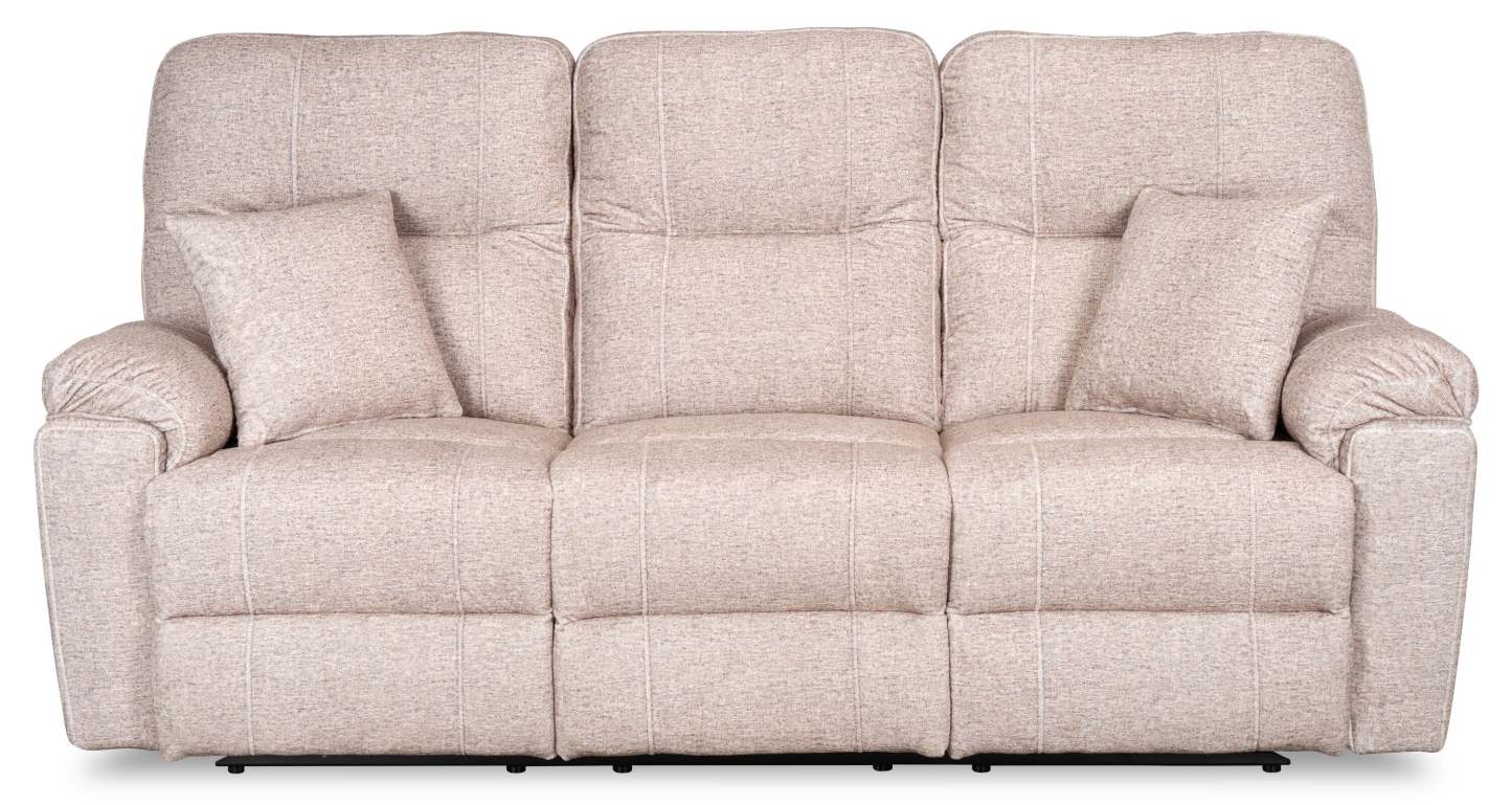 Sofa à inclinaison électrique Dawson de 87 po fabriqué au Canada en tissu avec port USB et coussins décoratifs - beige