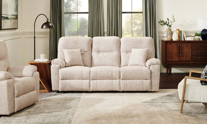 Sofa à inclinaison électrique Dawson de 87 po fabriqué au Canada en tissu avec port USB et coussins décoratifs - beige