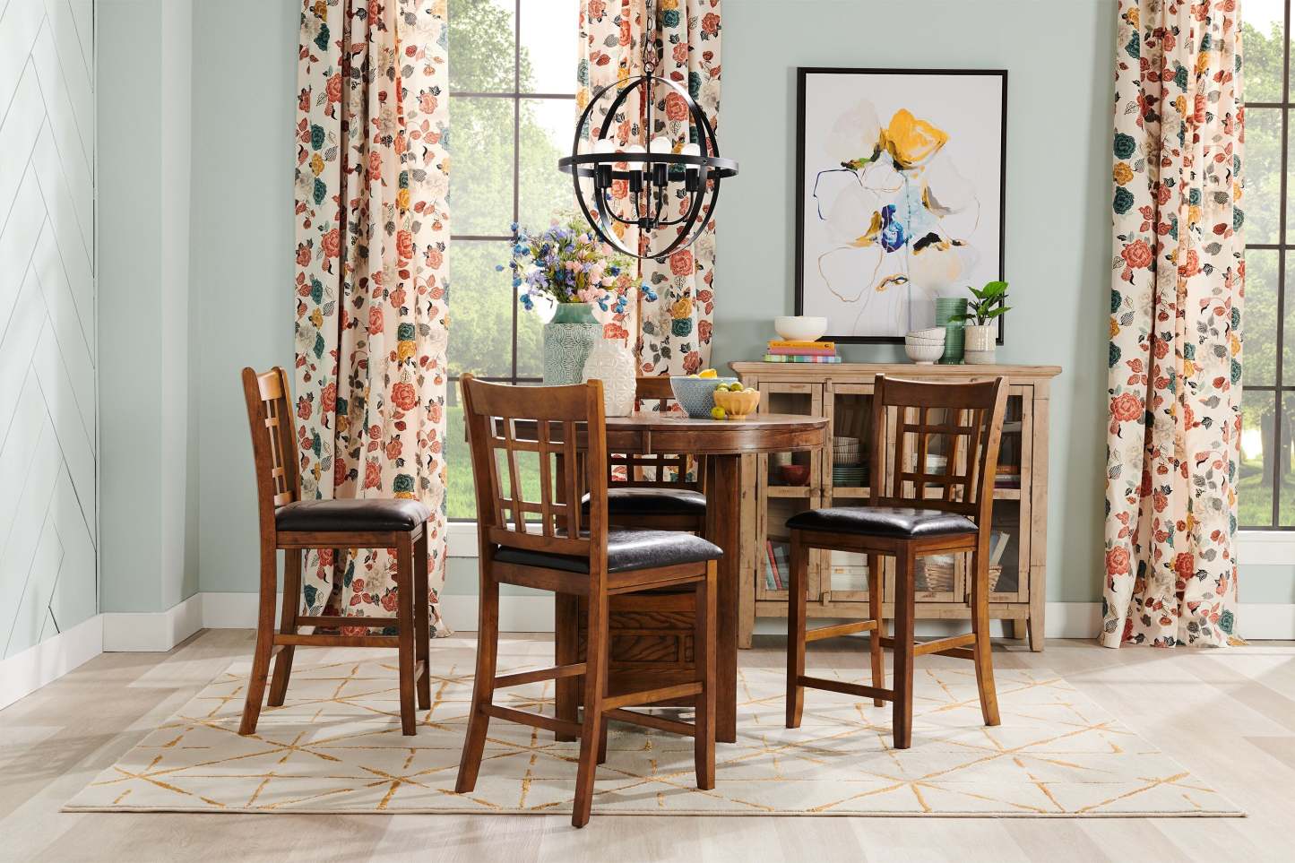 Dena 5pc Counter-Height Dining Set with Table & 4 Chairs, 42-60W Extension, Round  - Oak Brown | Ensemble de salle à manger Dena 5 pièces de hauteur comptoir avec table ronde, rallonge de 42 po à 60 po (L) et 4 chaises - chêne brun