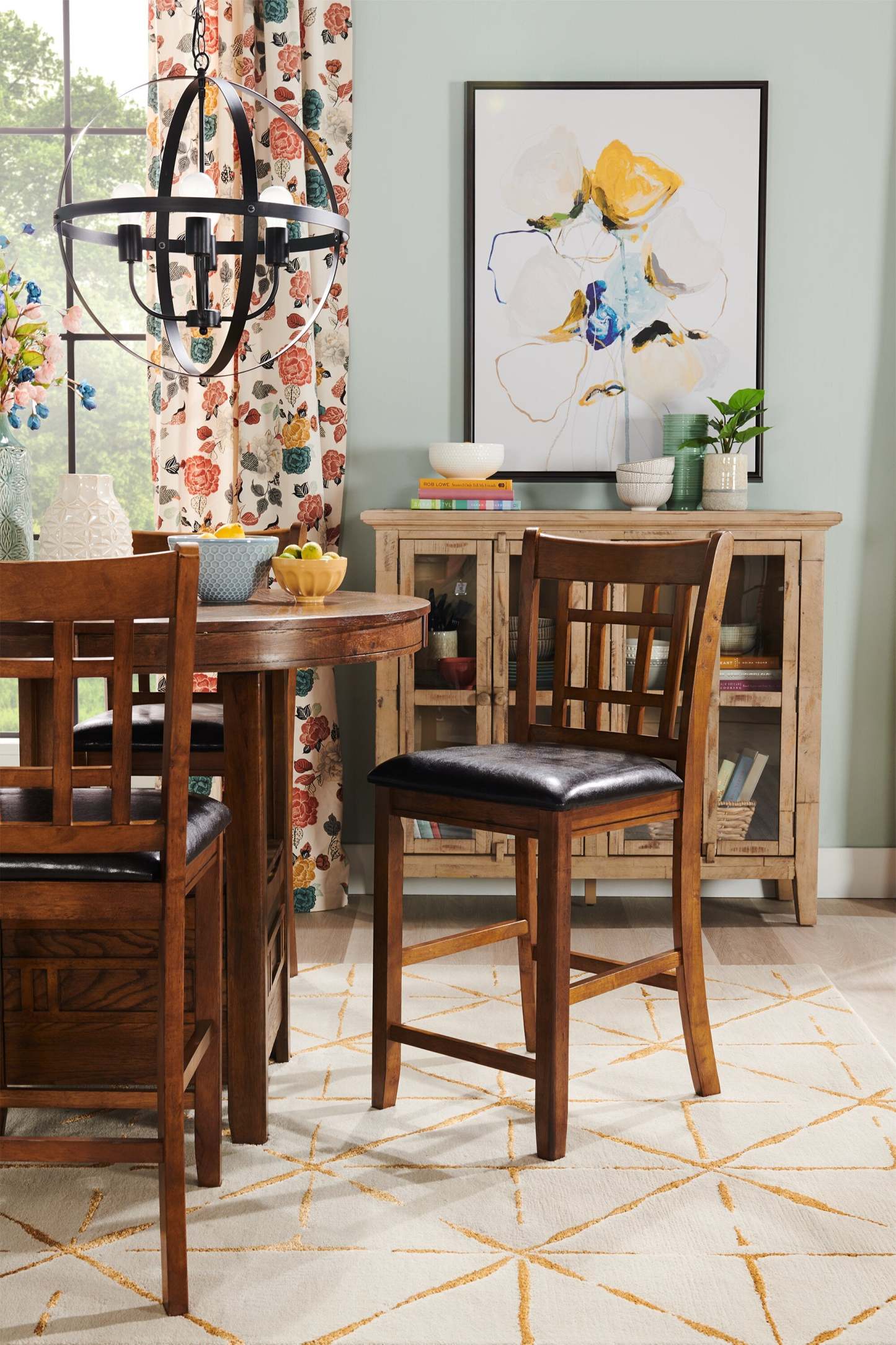 Dena 5pc Counter-Height Dining Set with Table & 4 Chairs, 42-60W Extension, Round  - Oak Brown | Ensemble de salle à manger Dena 5 pièces de hauteur comptoir avec table ronde, rallonge de 42 po à 60 po (L) et 4 chaises - chêne brun