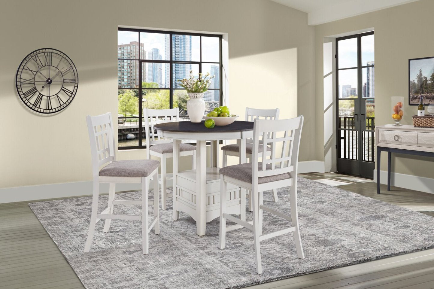 Dena 5pc Counter-Height Dining Set with Table & Chairs, 42-60W Extension, Round  - Dove Grey | Ensemble de salle à manger Dena 5 pièces de hauteur comptoir avec table ronde, rallonge de 42 po à 60 po (L) et chaises - gris tourterelle