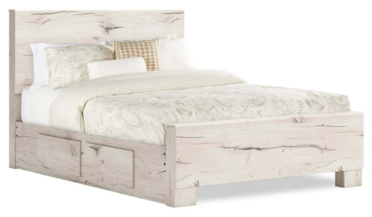 Lit de rangement Derekson blanc rustique avec 2 tiroirs latéraux intégrés - format grand lit | Derekson Storage Bed with 2 Built-In Side Drawers, Rustic White - Queen Size