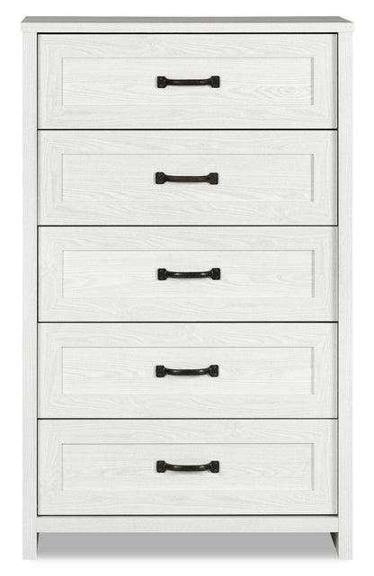 Commode de chambre à coucher Dove, 5 tiroirs, 30,5 L x 49 H, fabriquée au Canada - Blanc | Commode verticale Dove de 30,5 po (L) x 49 po (H) à 5 tiroirs pour la chambre à coucher, fabriquée au Canada - blanche