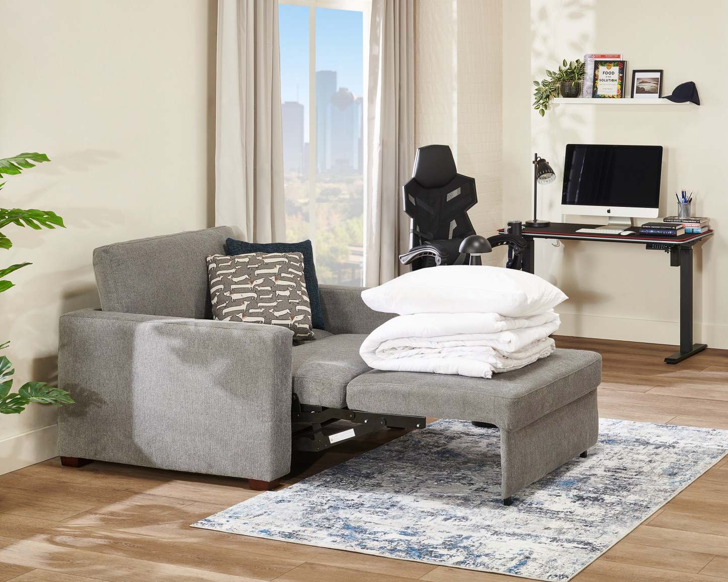 Canapé-lit Drift de 66,5 po en tissu d'apparence lin avec accoudoirs rectilignes - gris